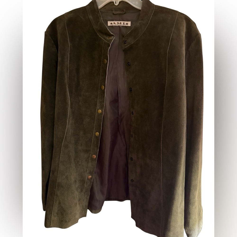 Vintage A.M.I. Olive Suede Leather Snap Front Jacket Size M Boho Western
